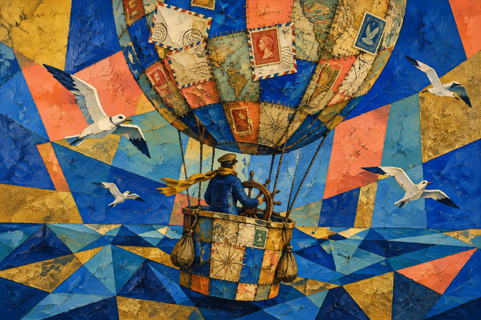 Painting of a patchwork balloon stitched from letters and maps