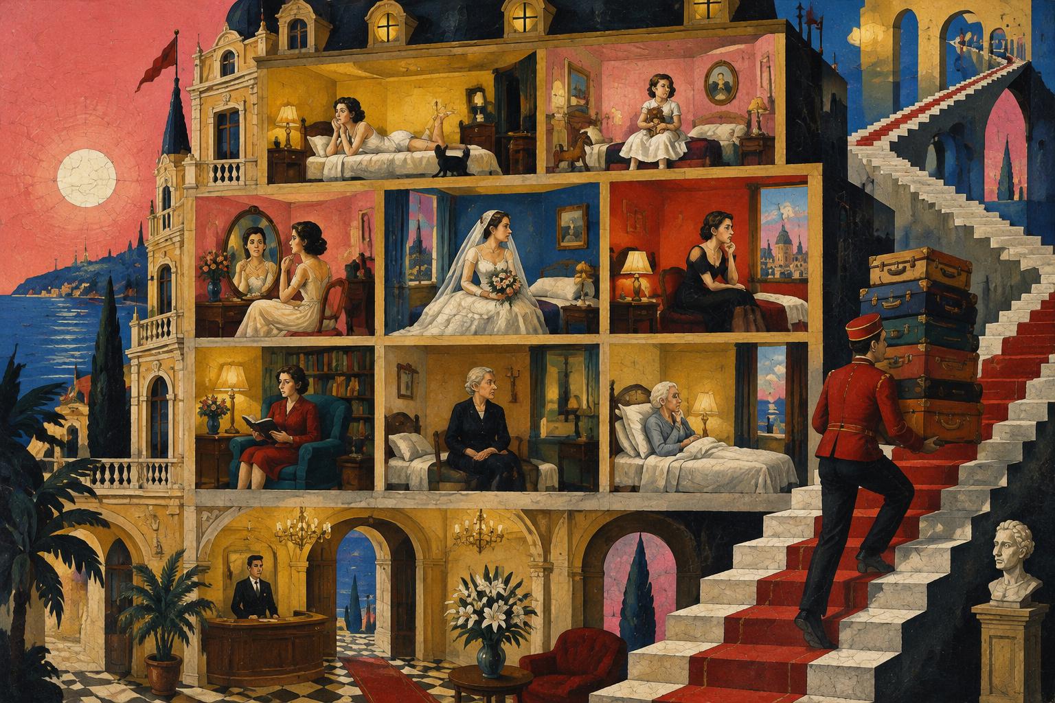 A hotel cut open to show its rooms, each with a different scene, as a porter climbs the stairs with cases