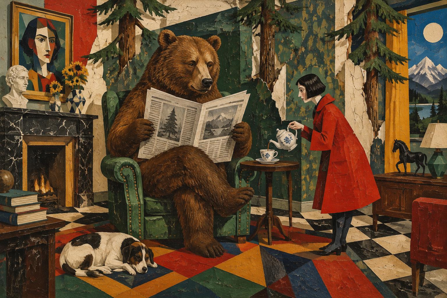 A brown bear reads the newspaper in an armchair while a woman in a red coat pours him tea