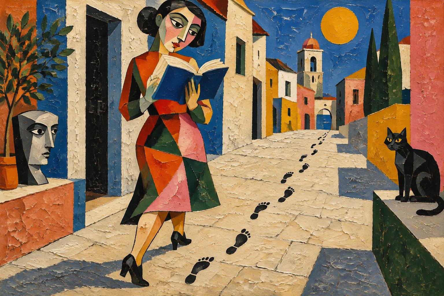 A woman walks forward along a sunny street reading a book while her footprints lead back behind her