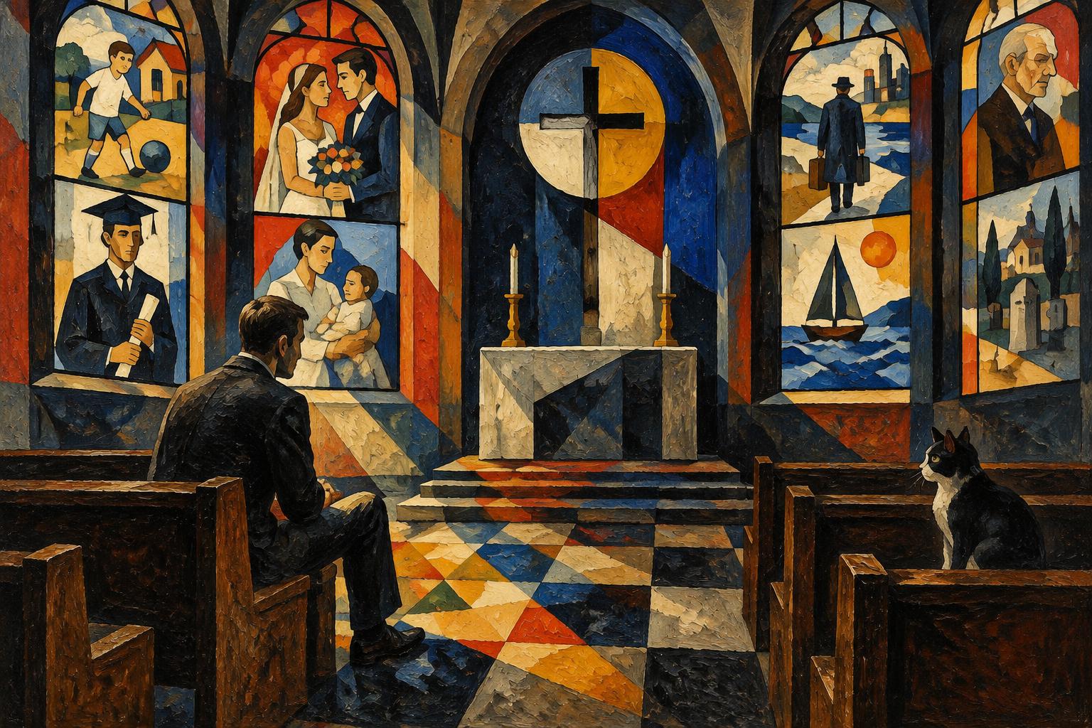 A man sits in a church pew facing stained-glass windows that show scenes from his own life, a cat on the next pew