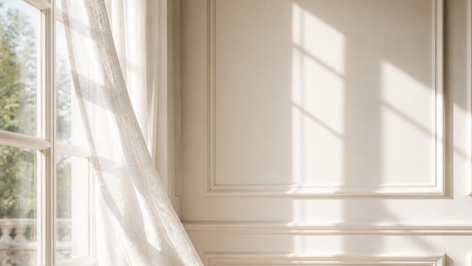 Morning light and a lifting linen curtain against an ivory wall