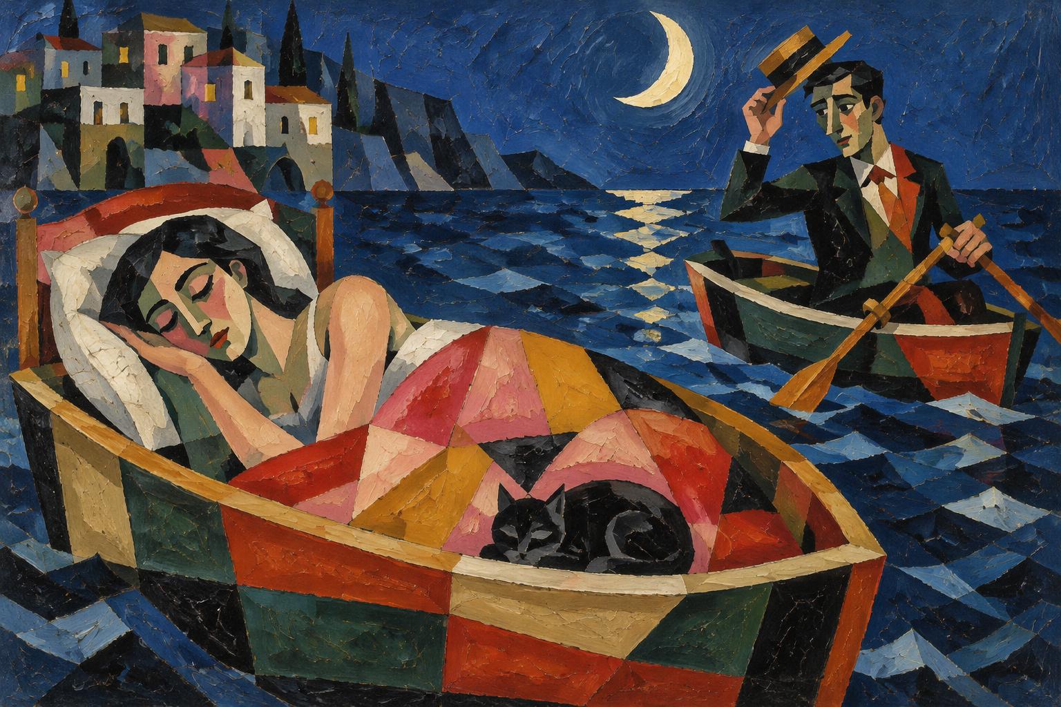 A woman sleeps in a rowing boat on a moonlit sea while a man rows away from her, tipping his hat
