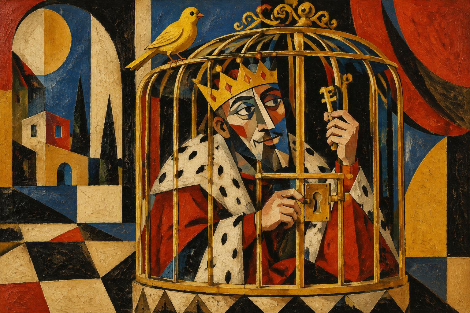A crowned king sits locked inside a gilded birdcage holding the key himself, a yellow canary perched free on top