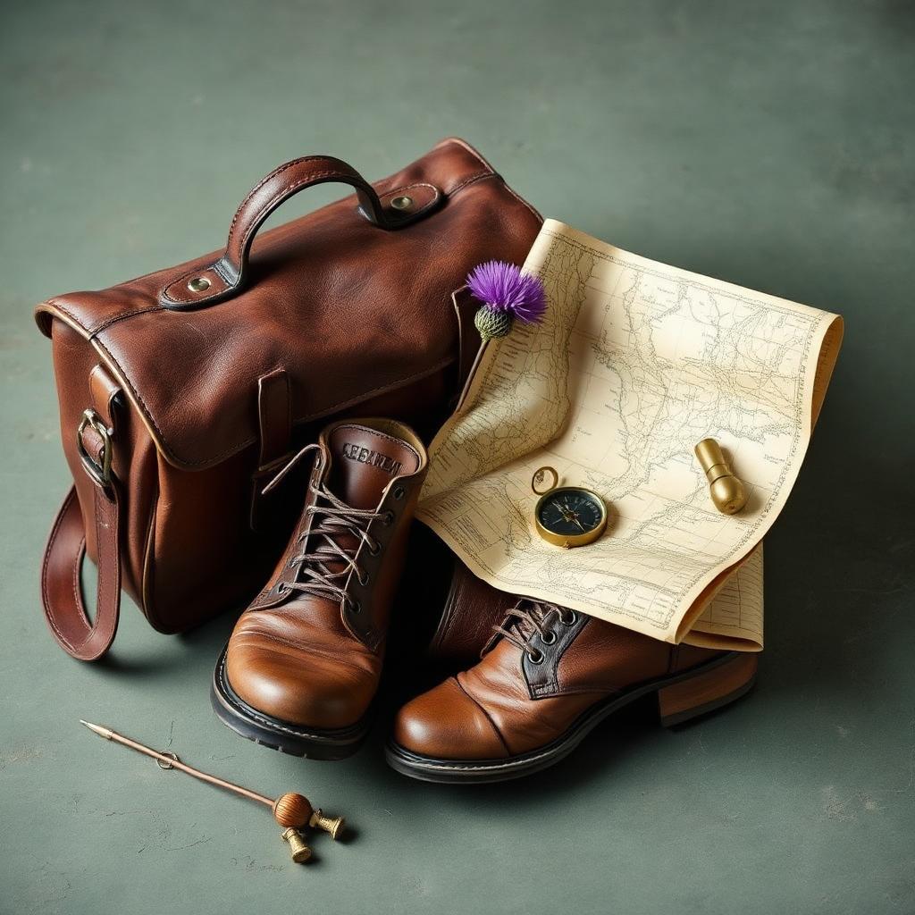 A worn leather satchel, an unlaced traveling boot, a folded map and brass compass, with a single dried thistle
