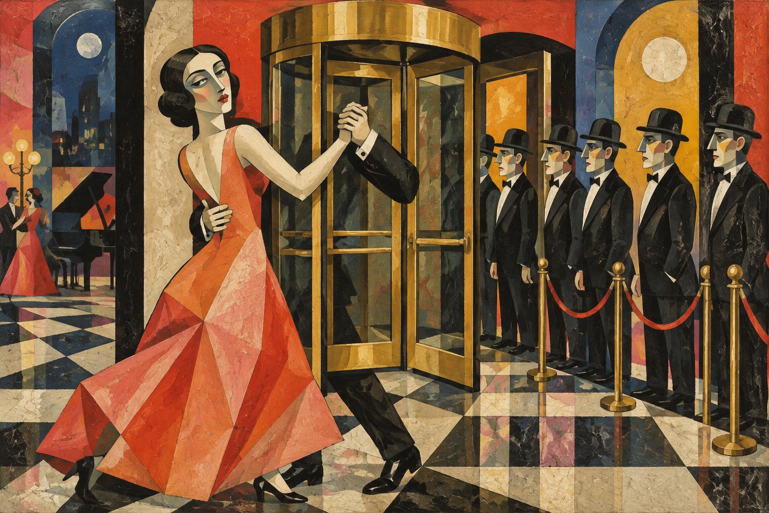 A woman in red dances out of a revolving door toward a queue of identical men in bowler hats