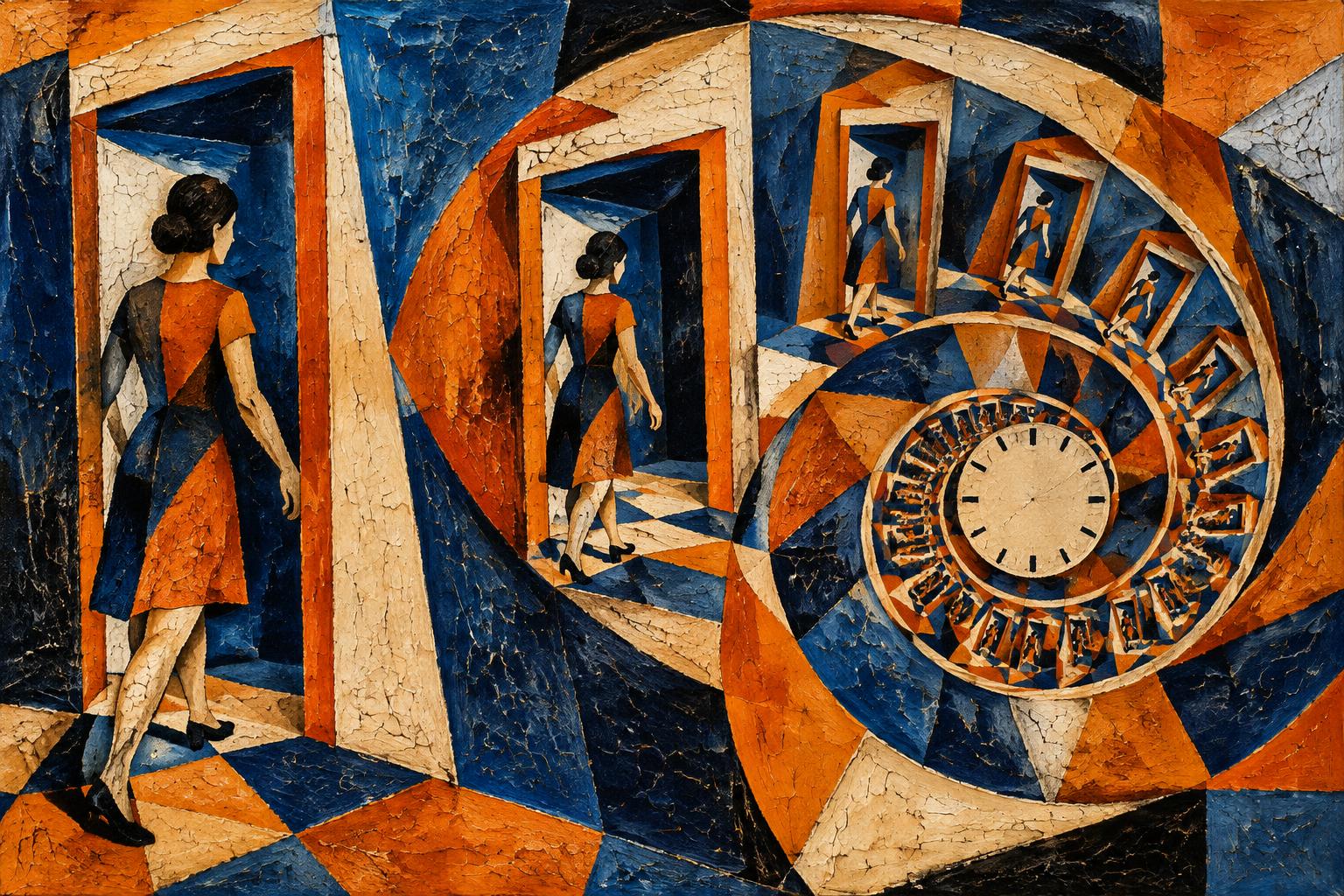 A woman walks through the same doorway again and again in a spiral around a clock face