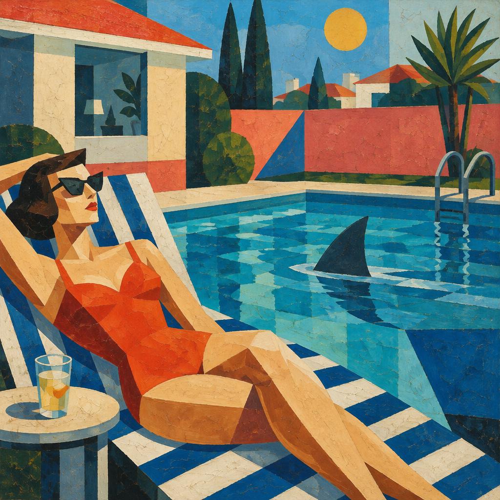 A woman in sunglasses sunbathes beside a swimming pool with a shark fin in it