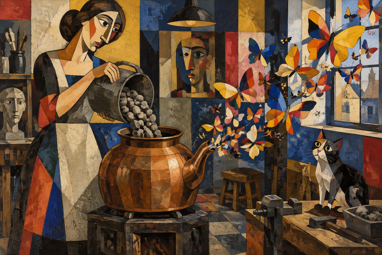 A woman pours grey stones into a copper kettle and bright butterflies pour out of its spout, a cat watching