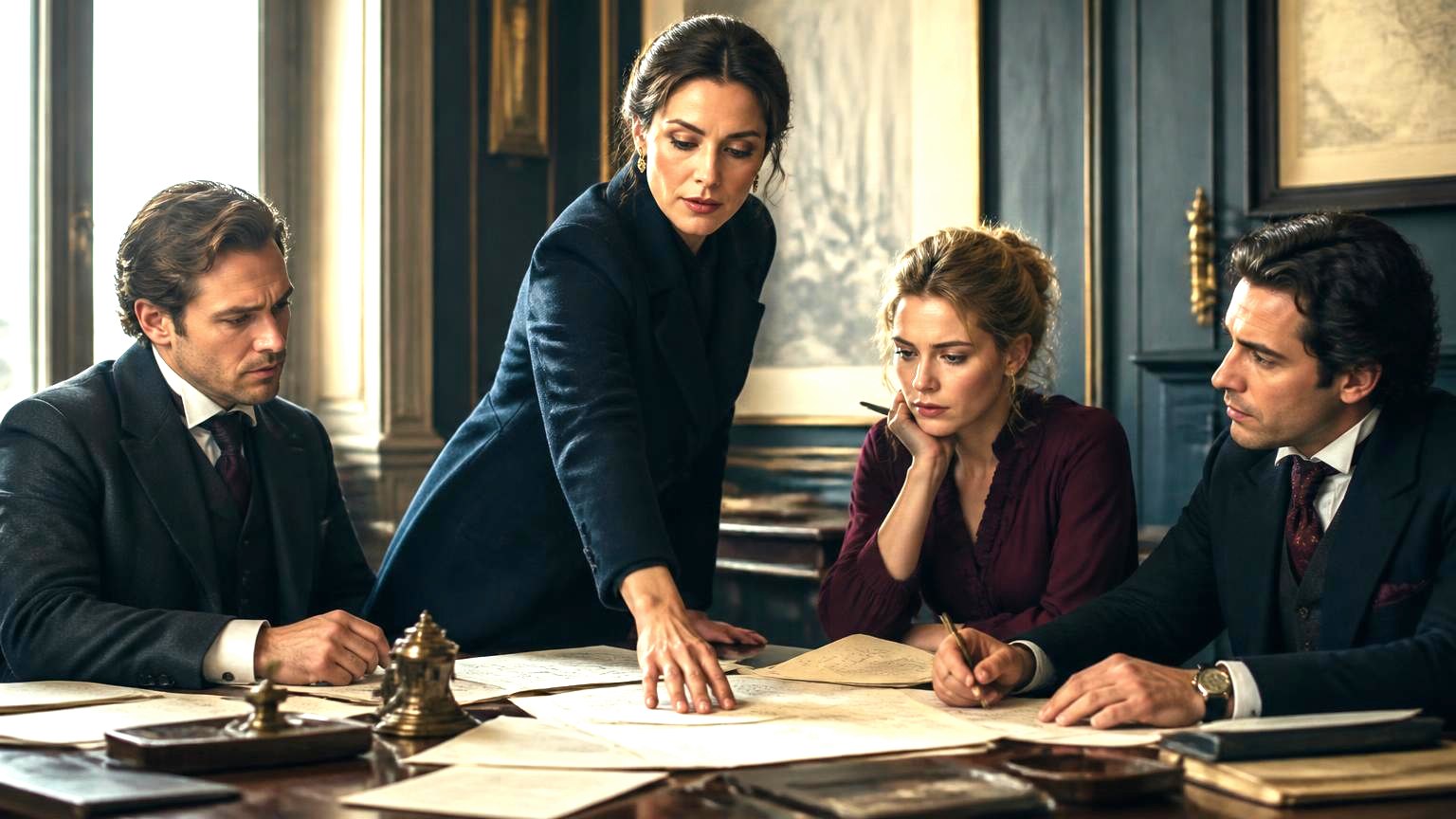 A composed woman in navy reaches across a table to correct papers that her colleagues have already finished well