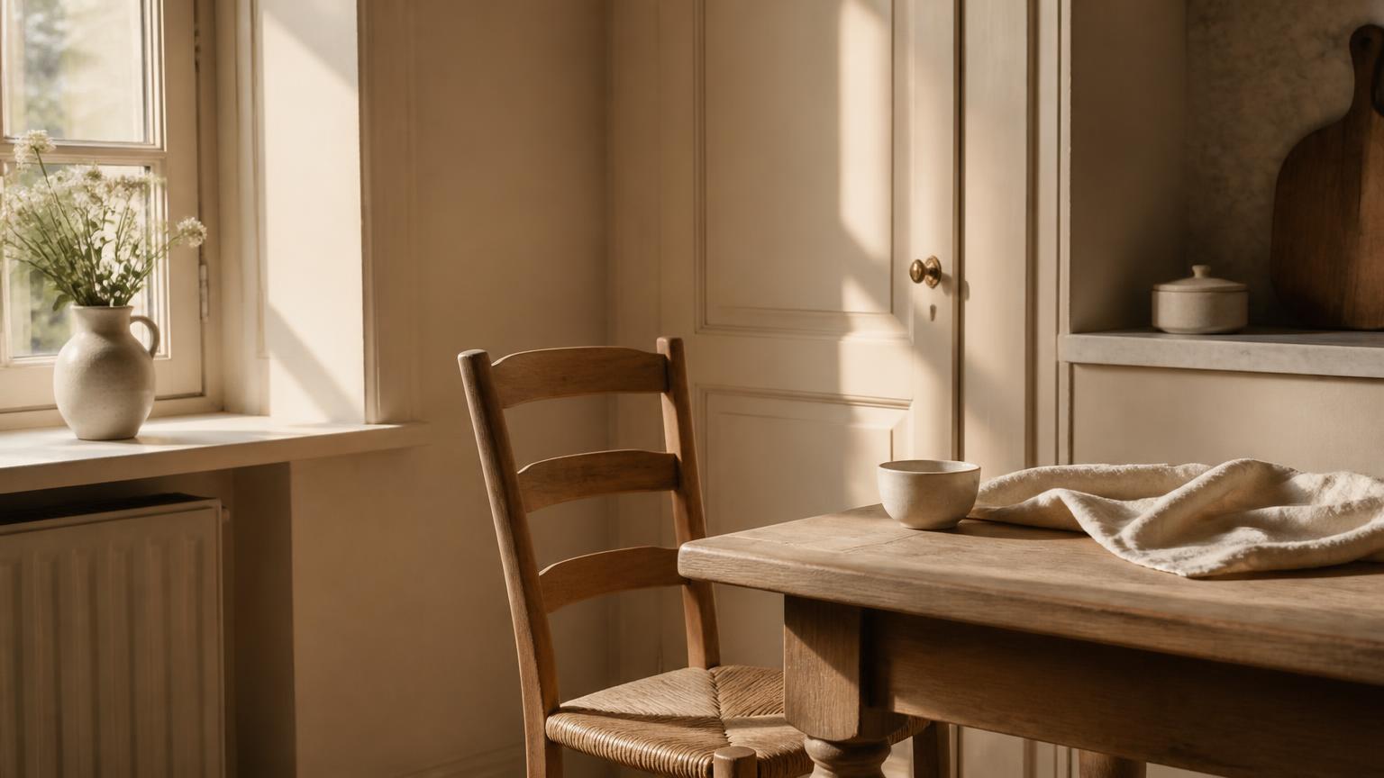 One wooden chair at a plain kitchen table in morning light