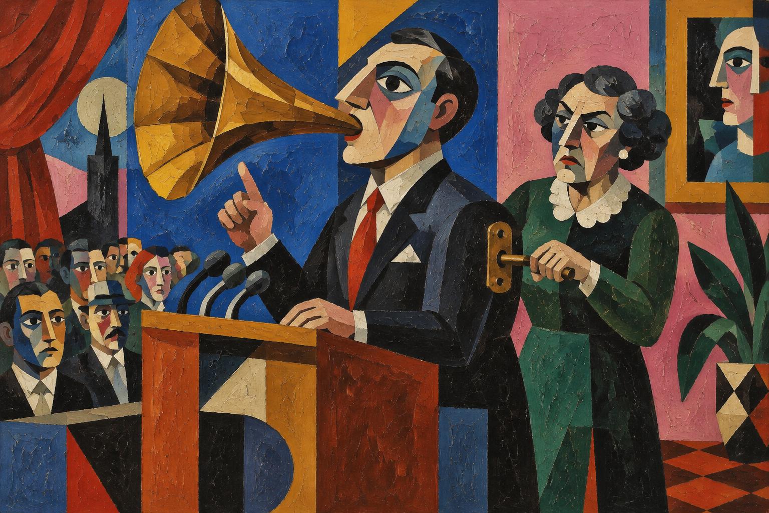 A man speaks through a brass gramophone horn while an older woman winds a key in his back