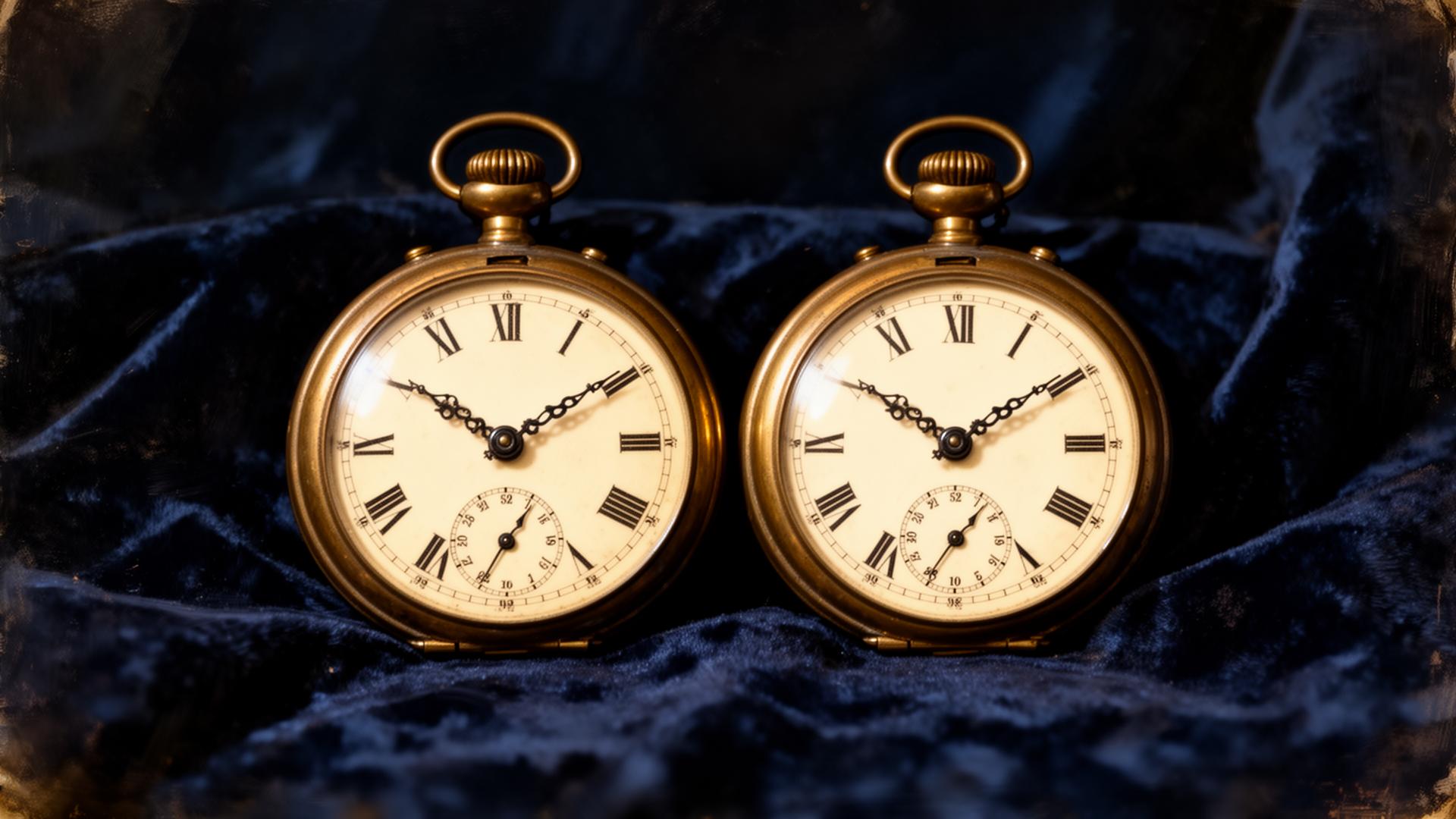 Two compass needles aligning over an antique map, painterly editorial still life