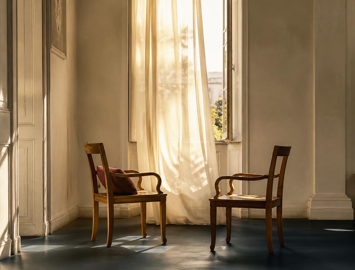 Two empty chairs turned towards each other in soft light