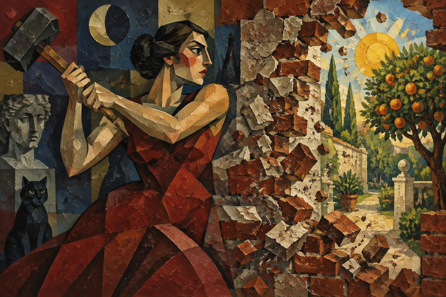 A woman swings a hammer through a crumbling brick wall to reveal a sunny orange grove