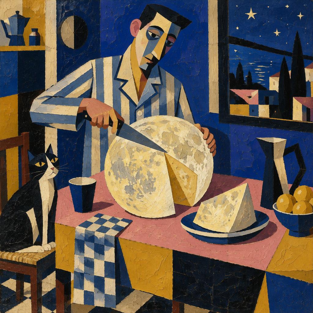 A man in striped pyjamas slices the full moon like a wheel of cheese at his kitchen table, a cat beside him
