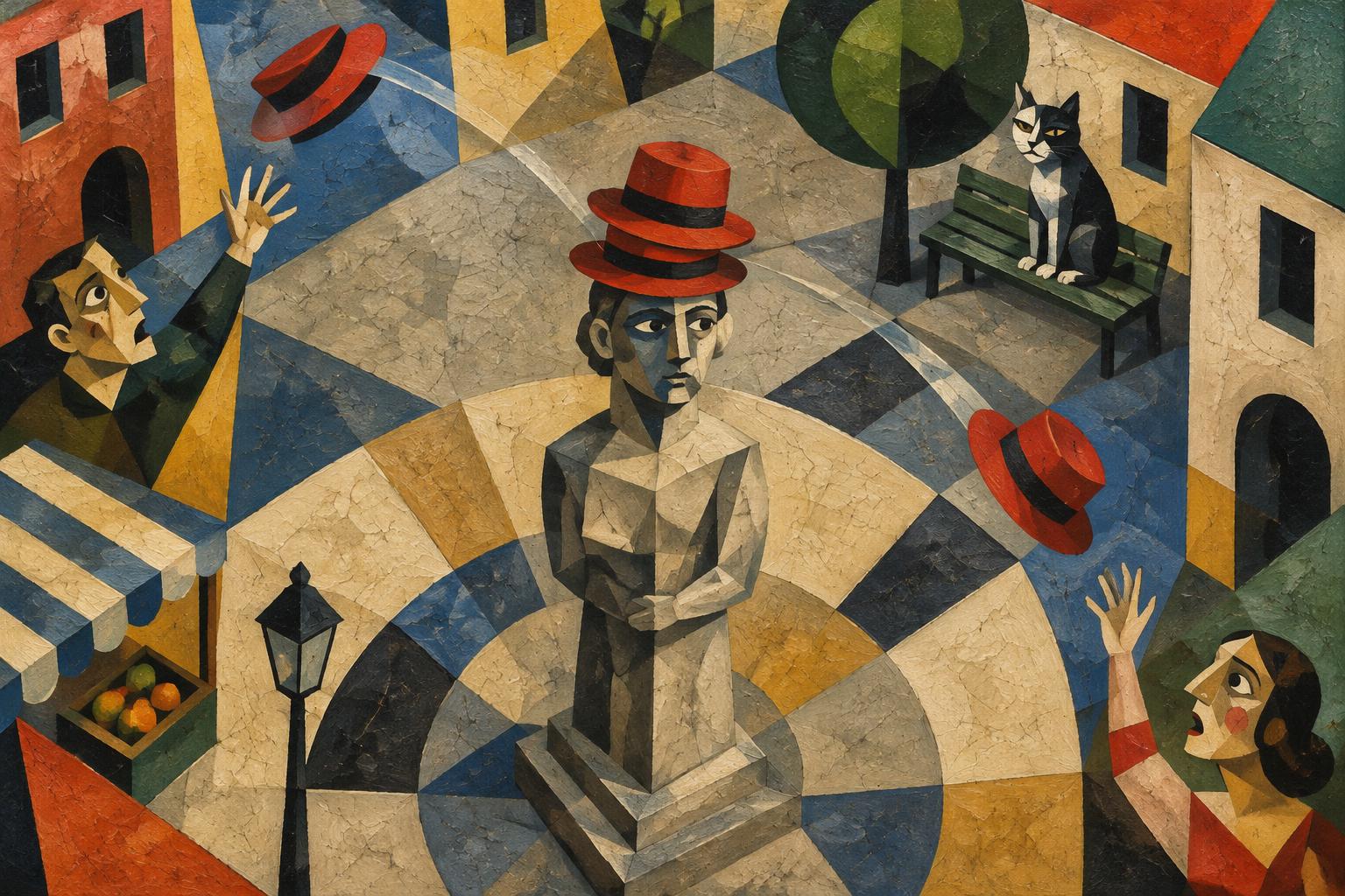 A man stands frozen like a statue in a sunny square as red hats fly off passers-by all at the same moment