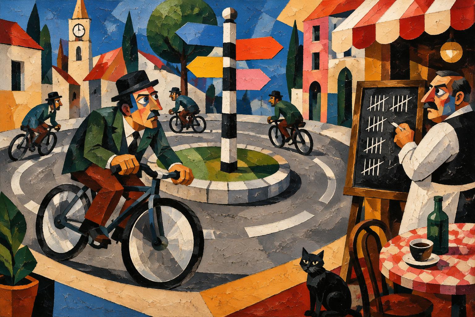 A man cycles round and round a roundabout of signposts while a waiter chalks up the tally of laps