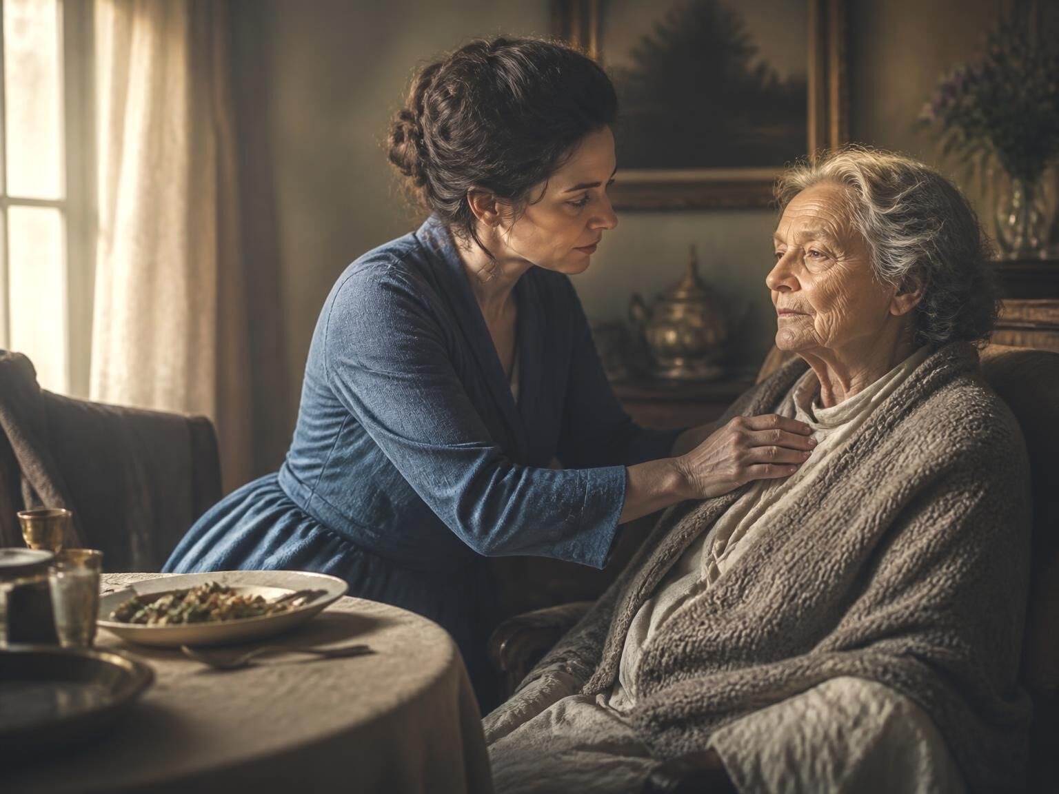 A caring figure tends closely to another person, expressing devotion, responsibility and the risk of self-neglect