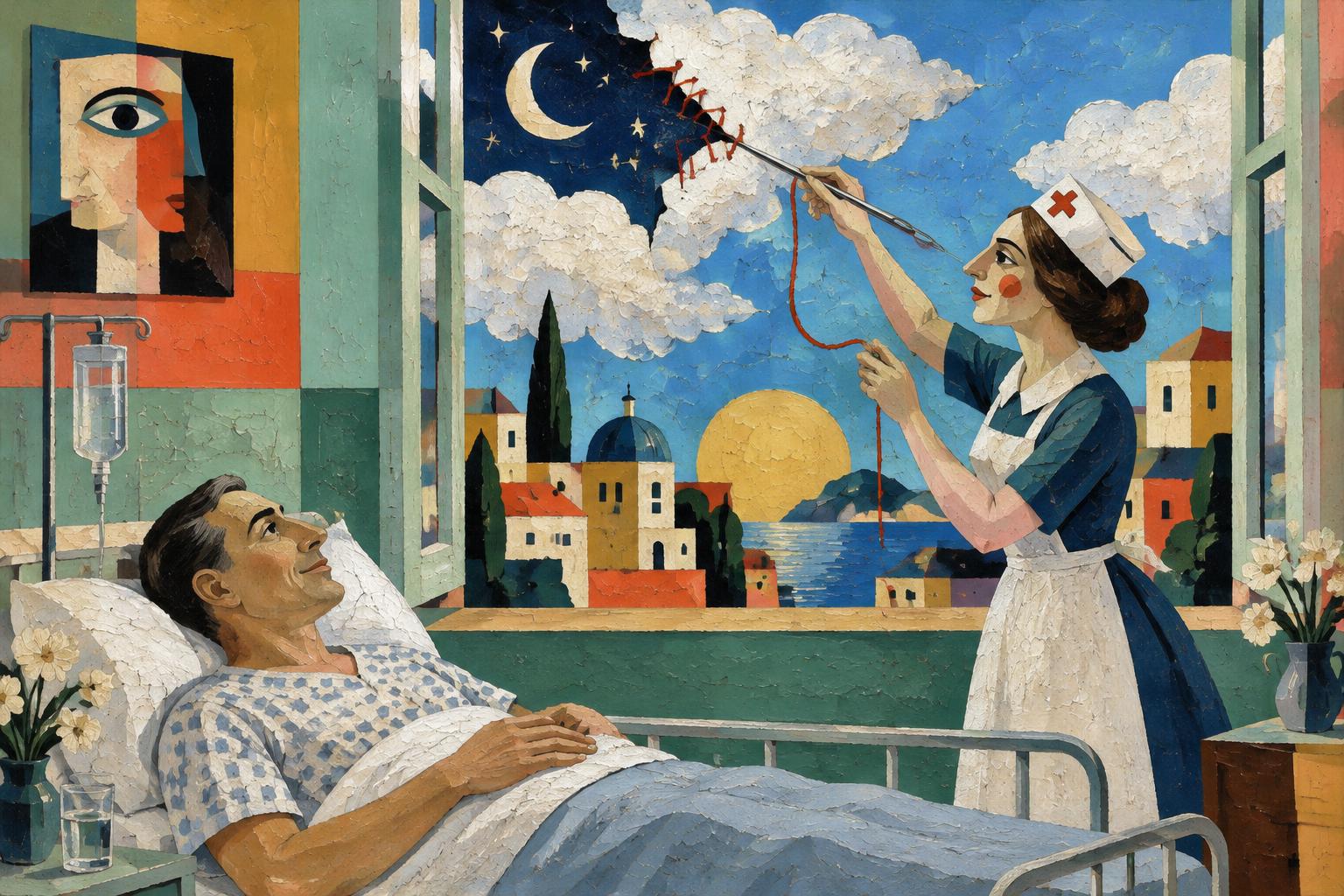 A nurse stitches up a tear in the night sky outside a hospital window as a patient watches from bed