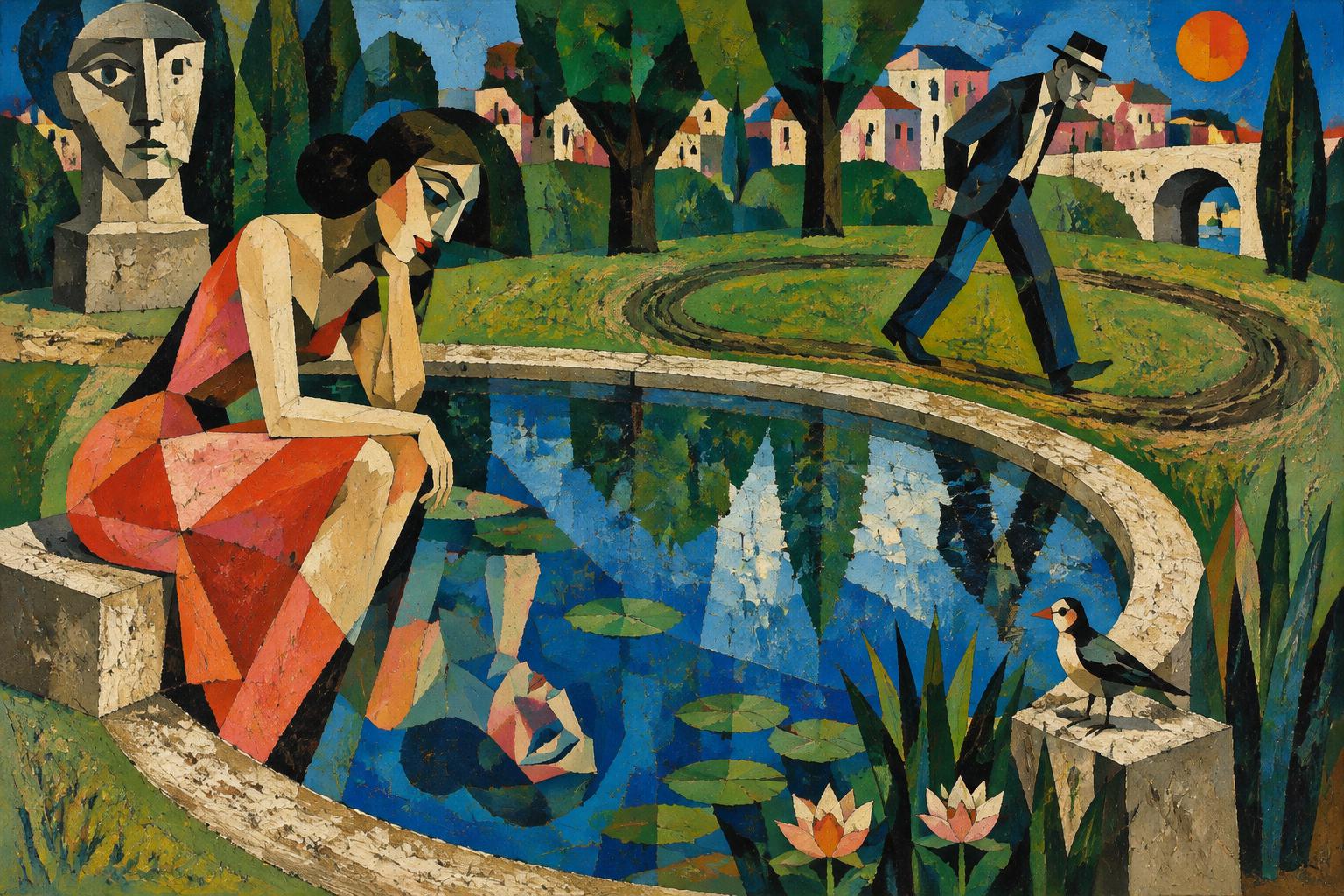 A woman gazes into her reflection in a garden pond while a man walks the circular path around it