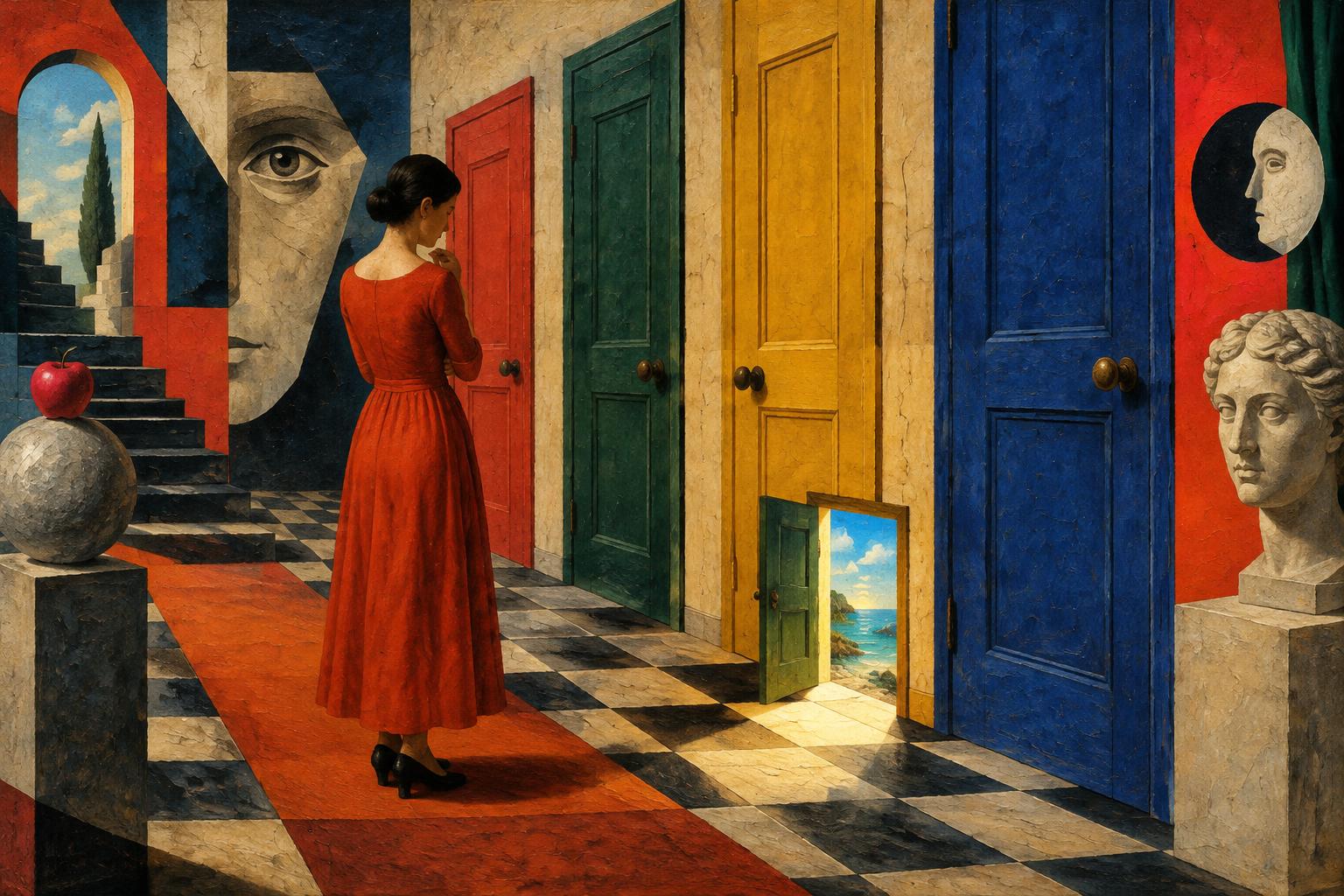 A woman in red stands in a hallway of coloured doors as sunlight spills from a tiny open door