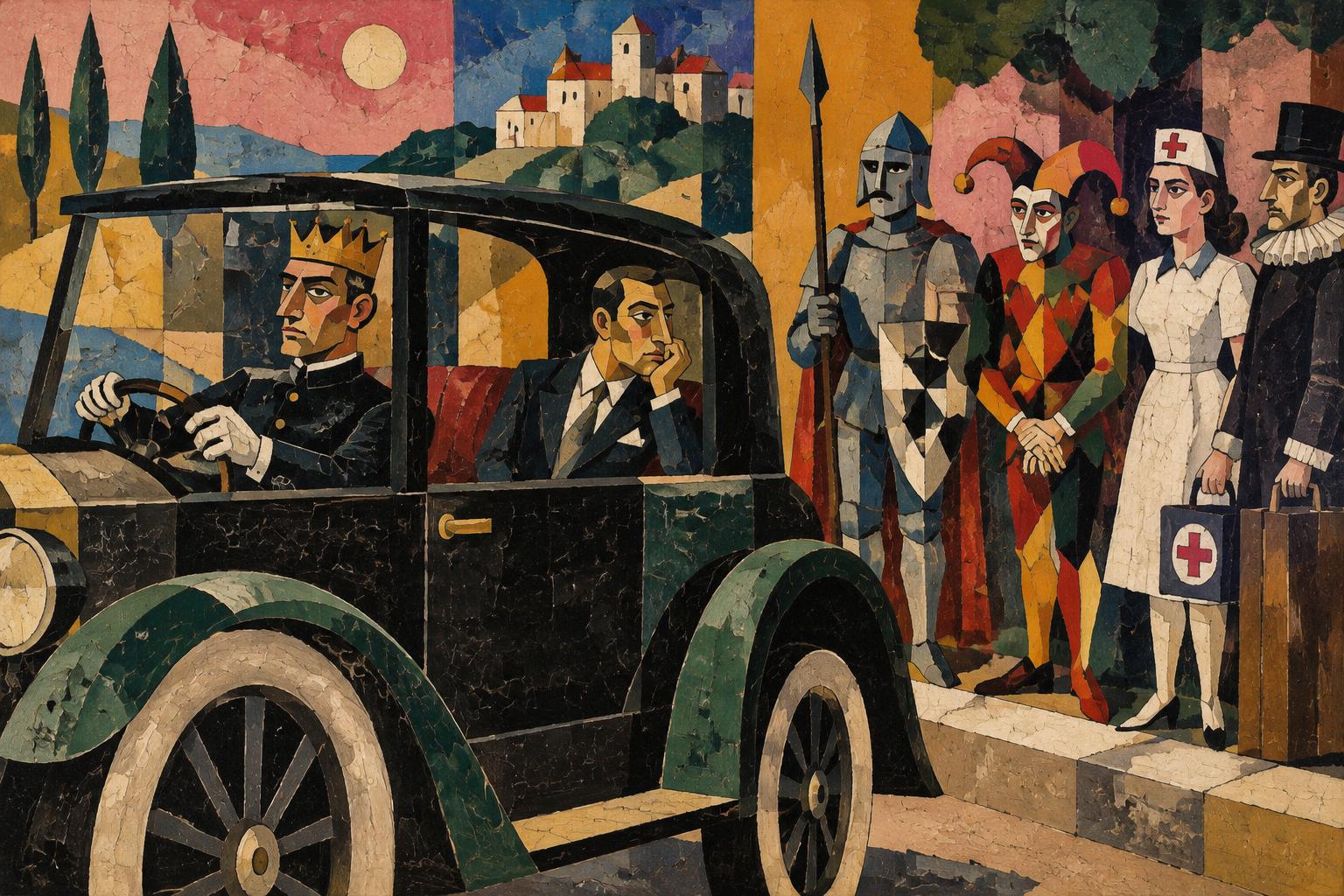 A crowned man drives a vintage car while a knight, a jester, a nurse and other characters wait their turn on the pavement