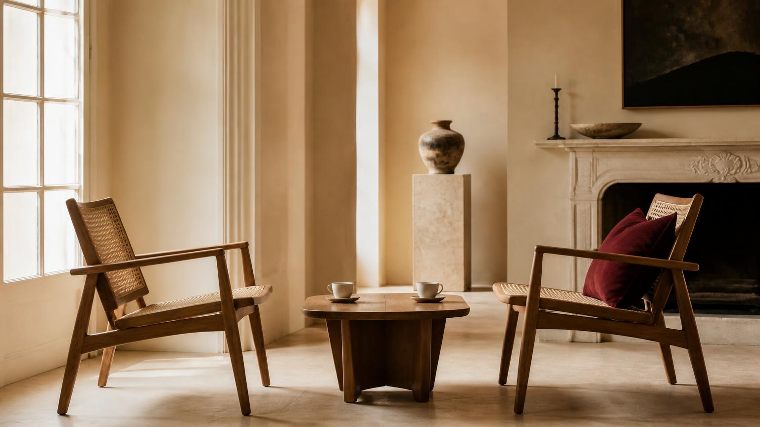 Two wooden chairs turned toward each other across a small table set with two cups