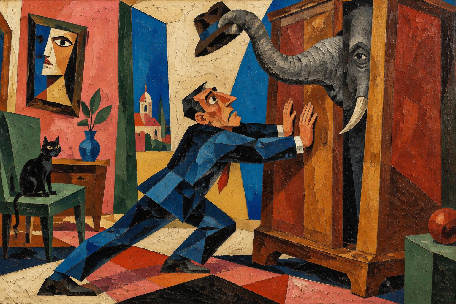 A man in a blue suit strains to hold a wardrobe door shut against an elephant pushing out