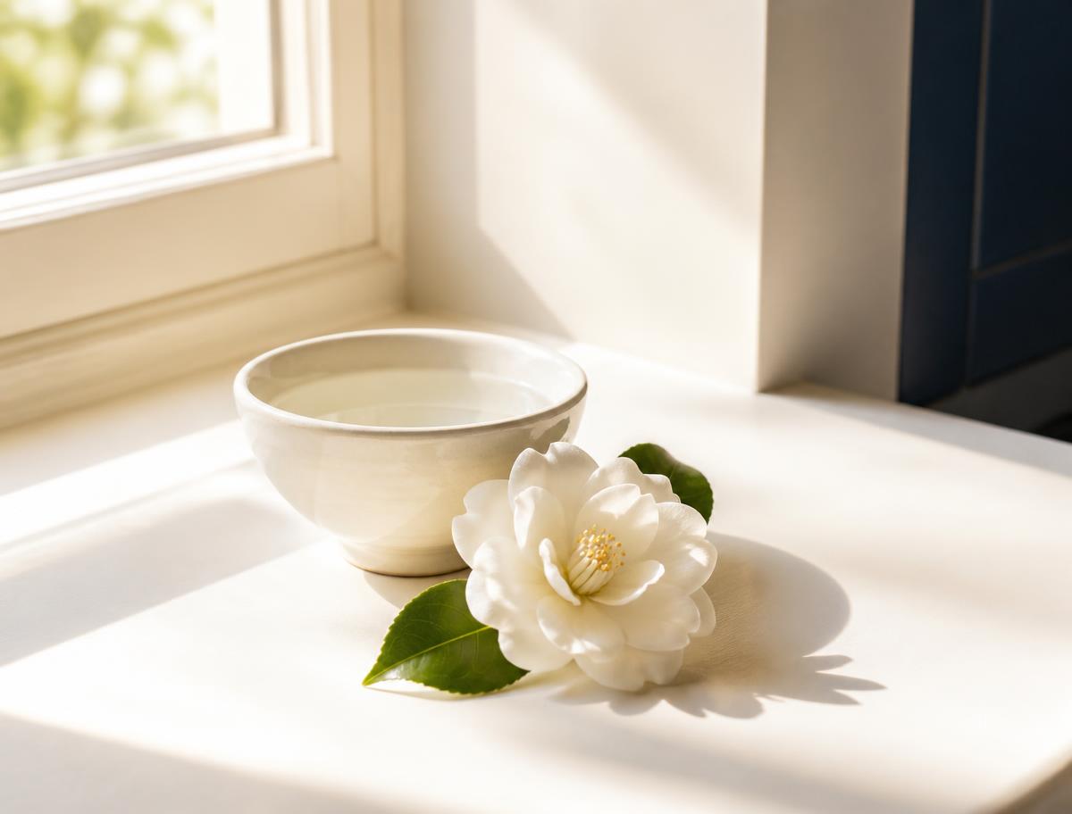 A bowl of clear water and a single white flower on a bright windowsill