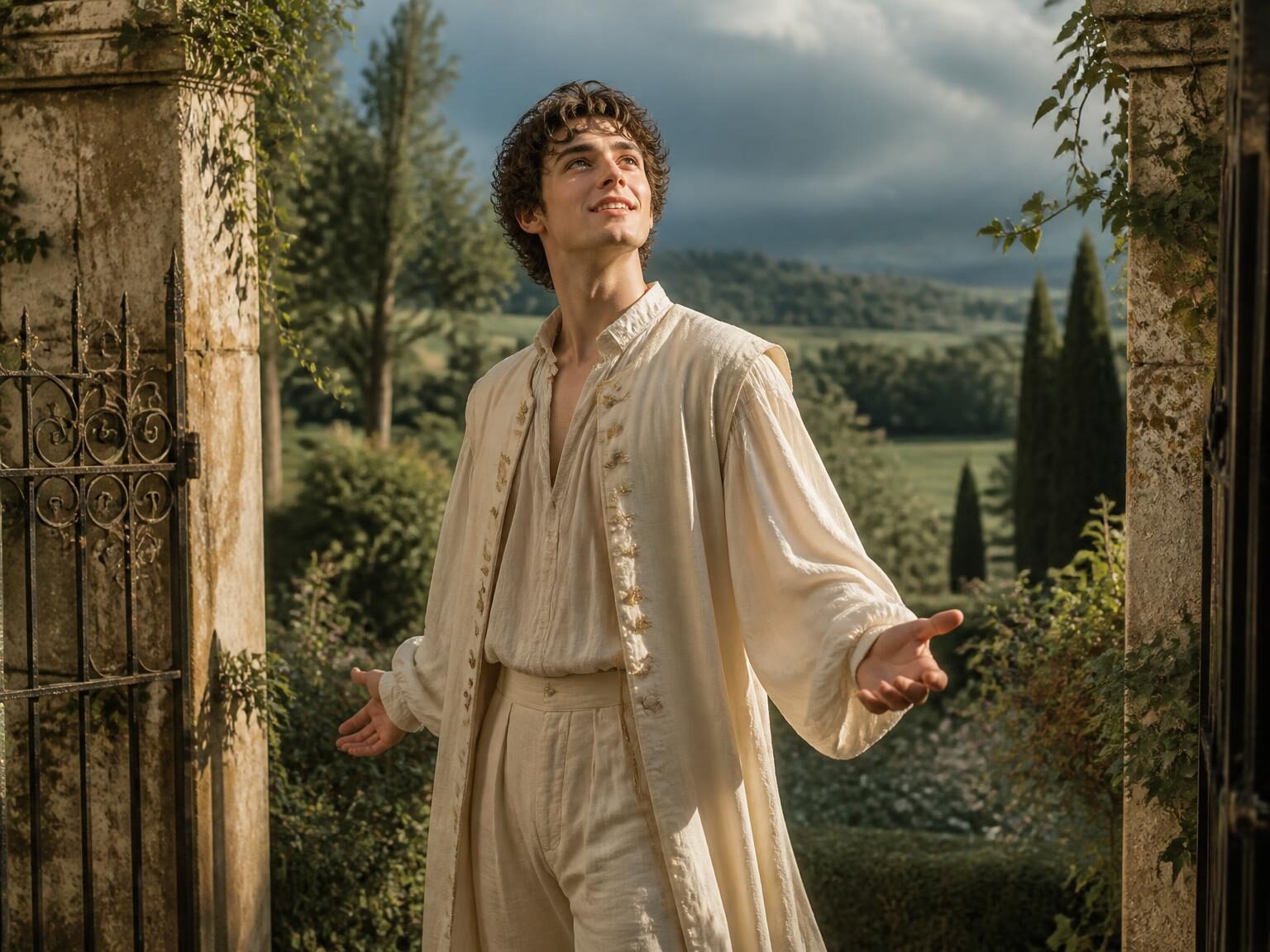 A luminous figure stands at a sunlit threshold, suggesting innocence, hope and vulnerability