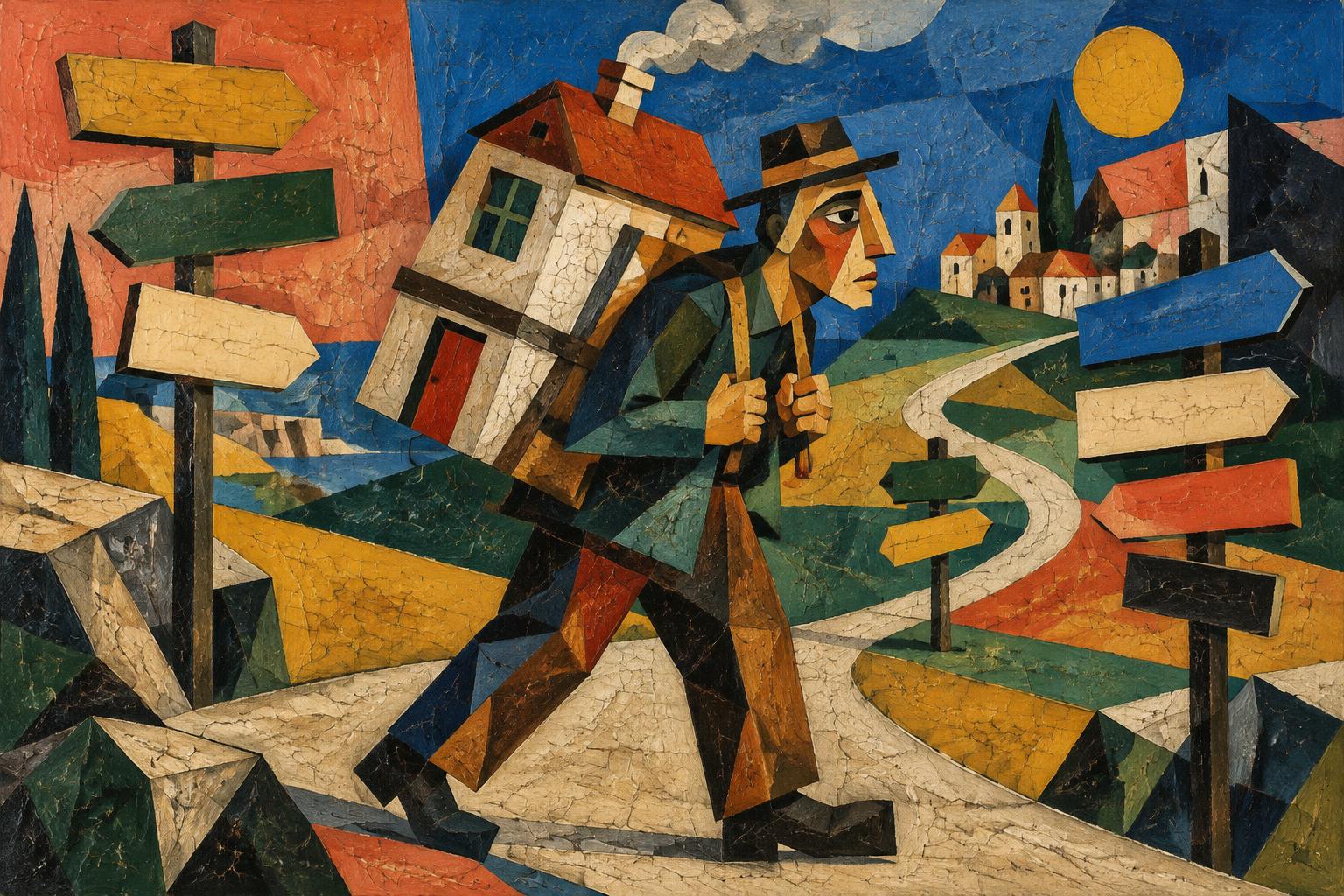 A man carries a whole house on his back down a road lined with signposts pointing every way