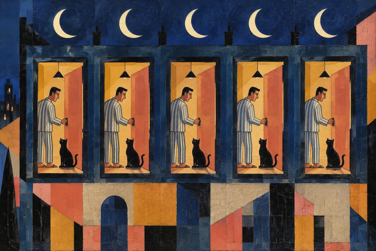 Five lit windows show the same man in striped pyjamas with the same black cat under a row of crescent moons