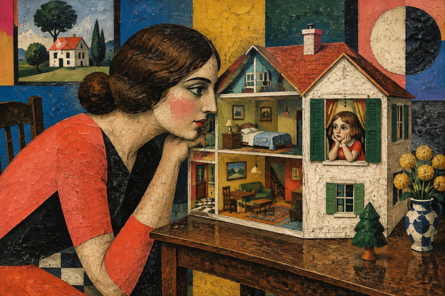 A woman rests her chin on a table beside a dolls house where a small girl waves from a window