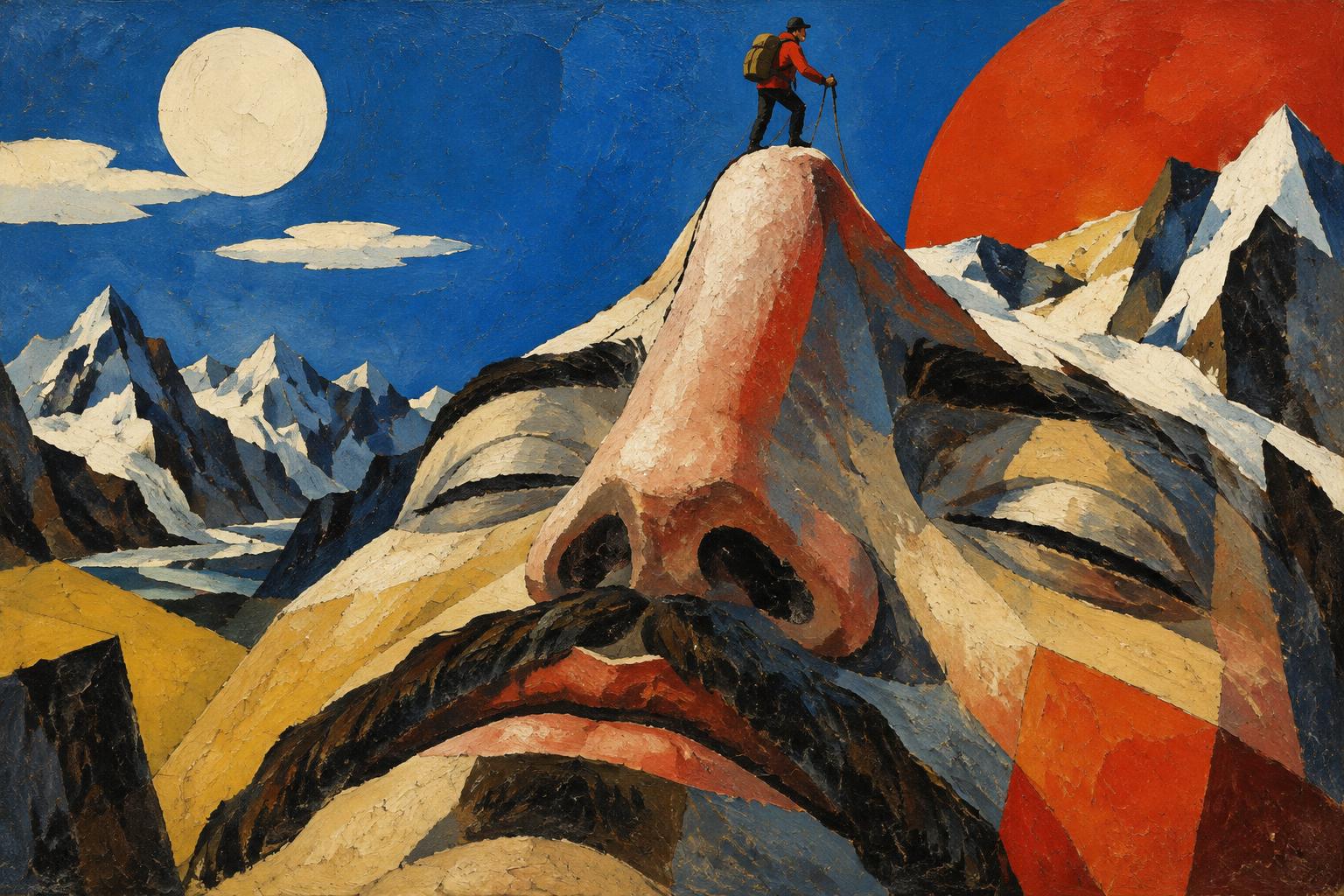 A climber stands on top of a mountain shaped like a sleeping man's face