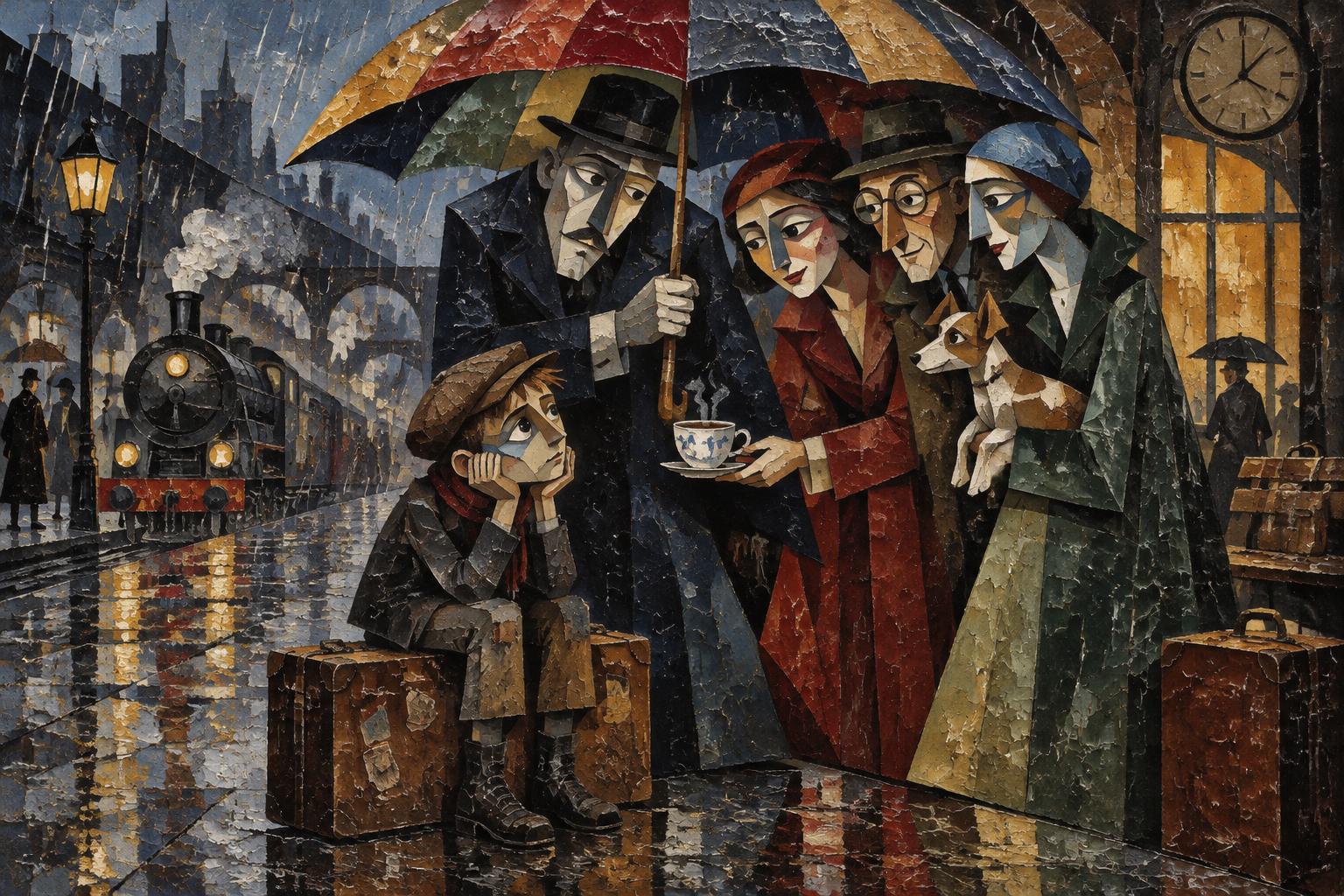 A boy sits on his suitcase at a rainy station as a group of strangers shelter him under an umbrella