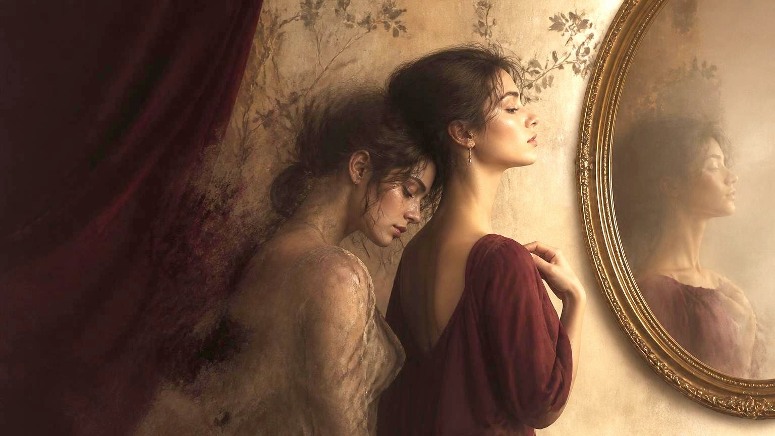 Two women pressed close in profile, one dissolving into the other's silhouette, her own reflection faint in a gilt mirror
