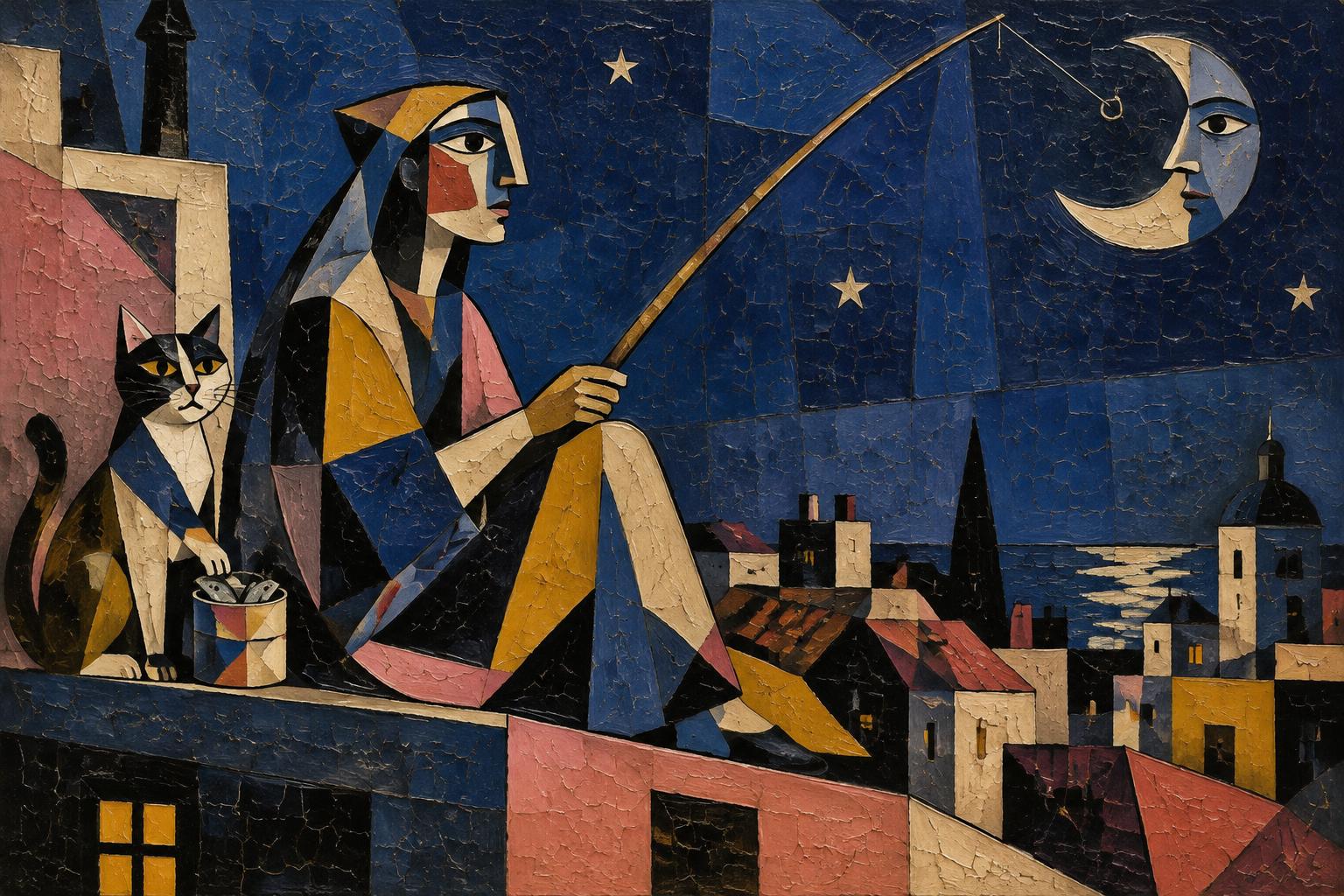 A woman sits on a rooftop at night fishing toward a crescent moon with a face, a cat beside her