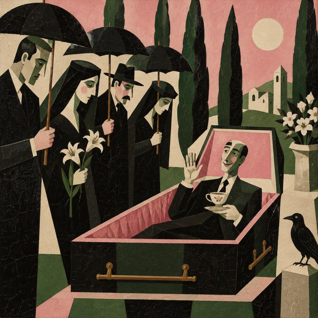 Mourners with umbrellas look into a coffin where the man inside sits up and waves with a teacup