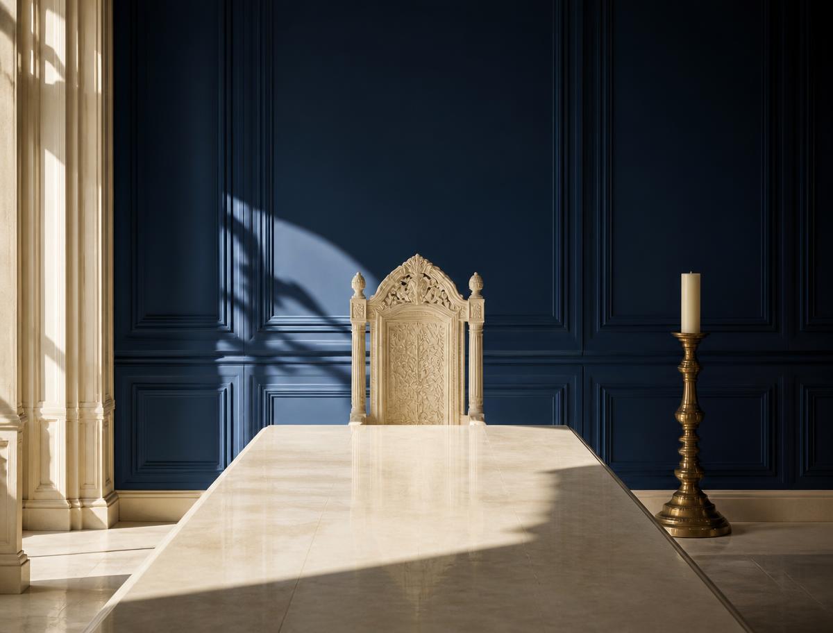 An empty carved chair at the head of a long pale stone table