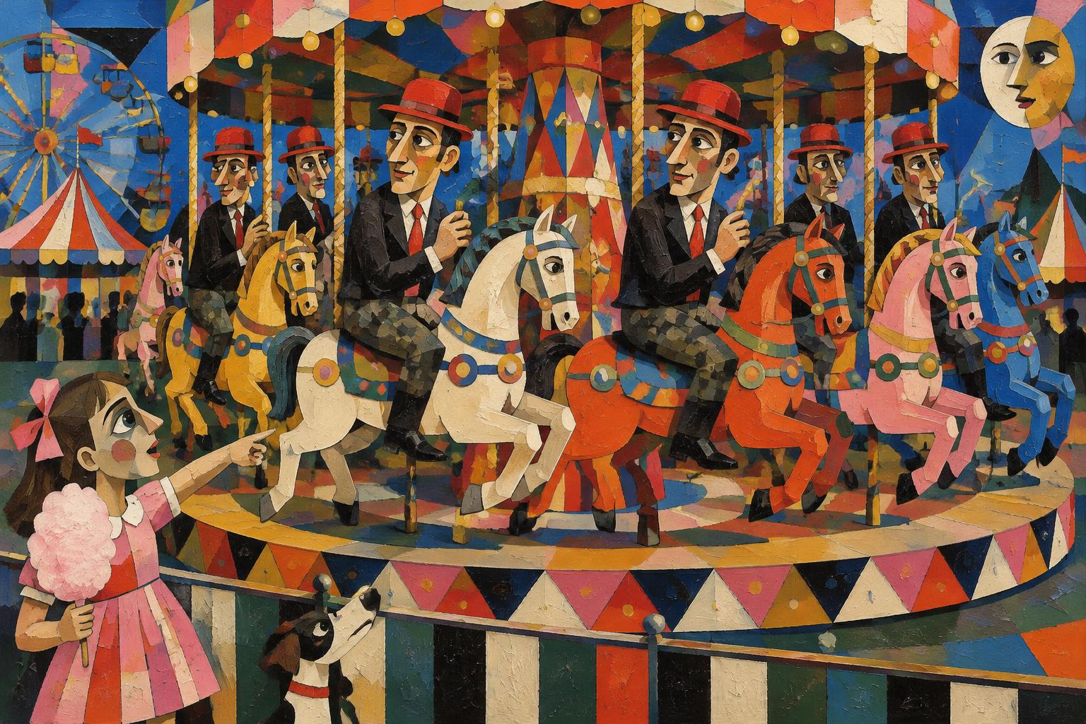 Identical men in red hats ride a carousel round and round while a little girl points at them