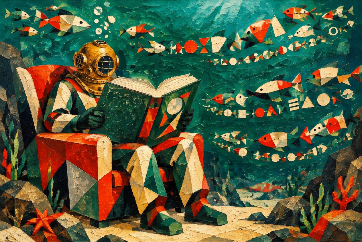 Painting of a diver reading a giant book on the seabed