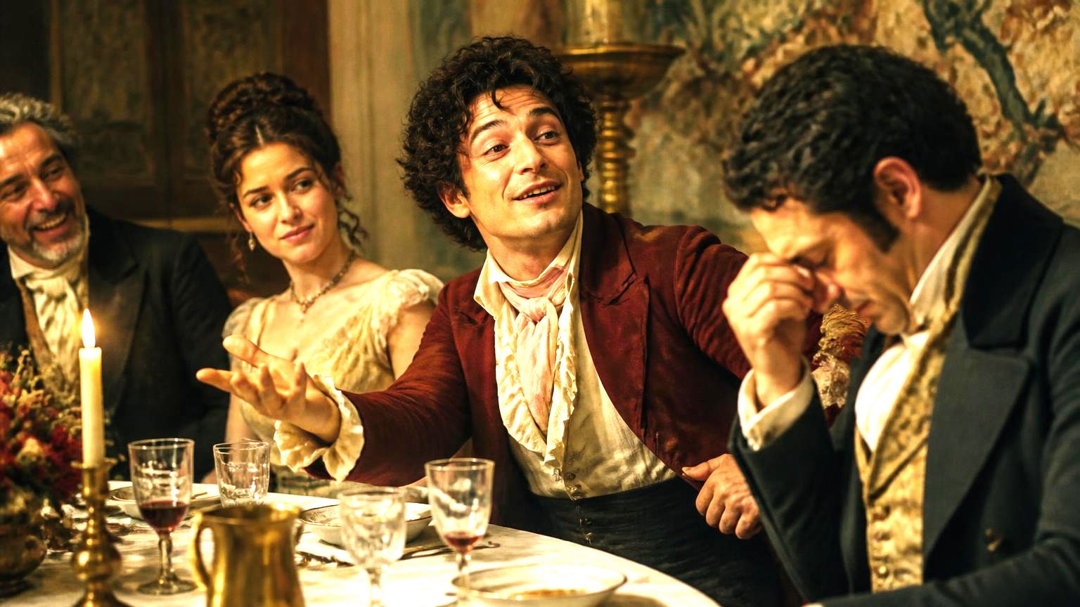 A quick-witted man keeps performing at a supper table after his joke has landed, one guest turning away
