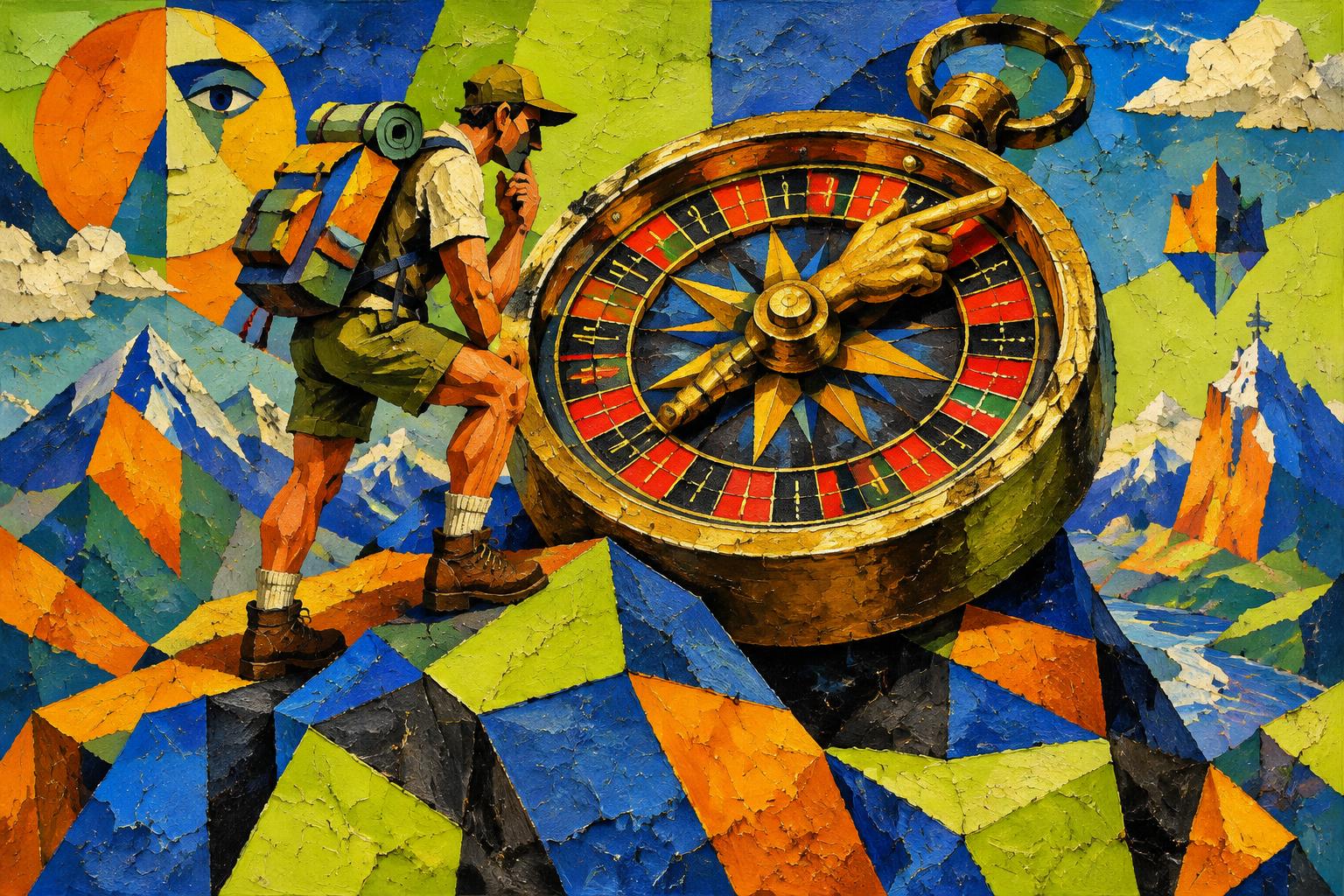 Painting of a hiker spinning a brass compass shaped like a roulette wheel