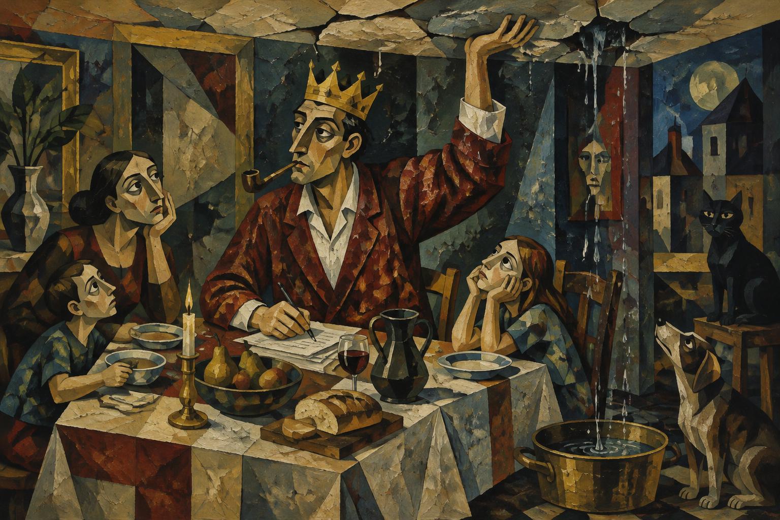 A crowned man smokes his pipe at the family table as water drips from a crack in the ceiling