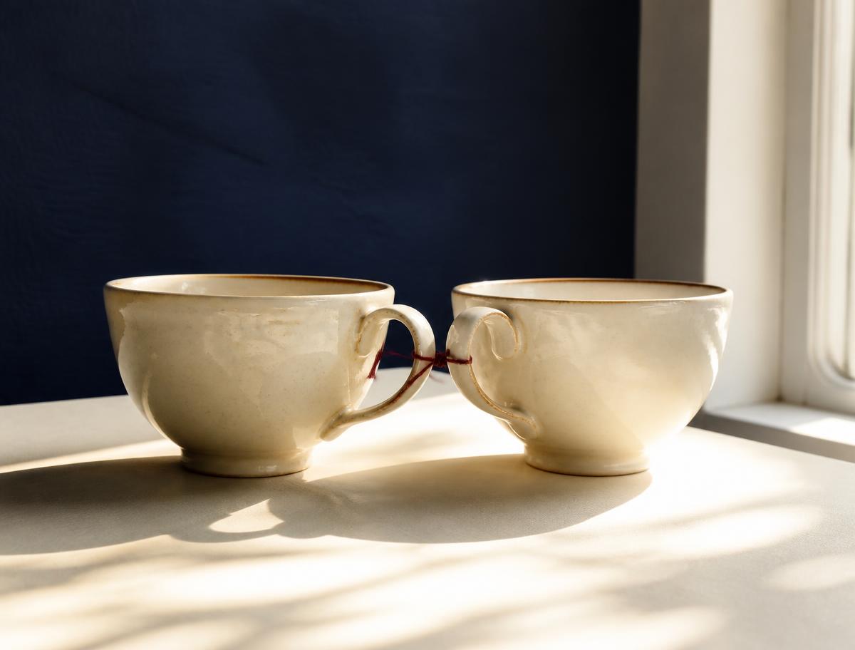 Two cream cups set close together, joined by a single red thread