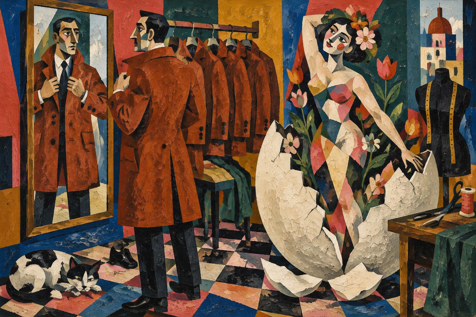 A man tries on coats in a tailor's mirror as a woman steps out of a cracked egg among flowers