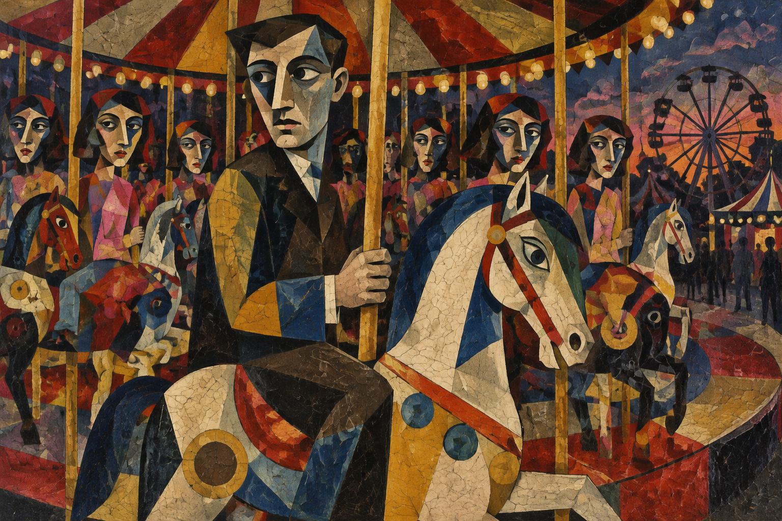 A solemn man rides a carousel horse round and round at a night fair among riders who look just like him