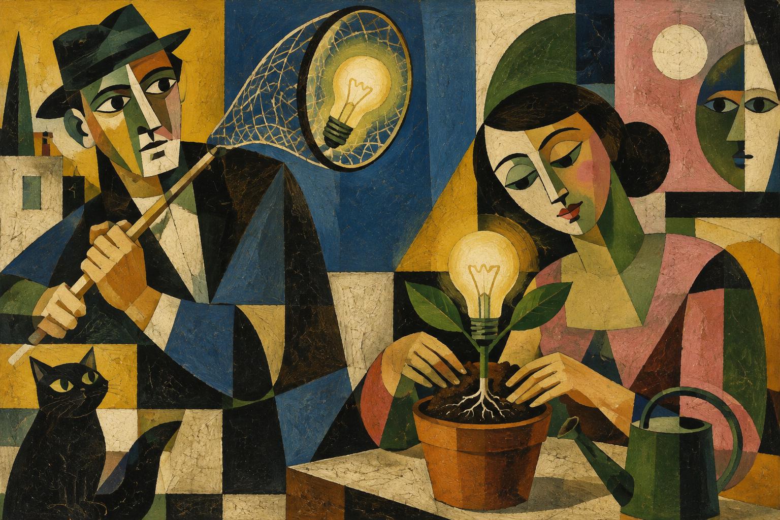 A man catches a light bulb in a butterfly net while a woman beside him patiently grows one from a plant pot