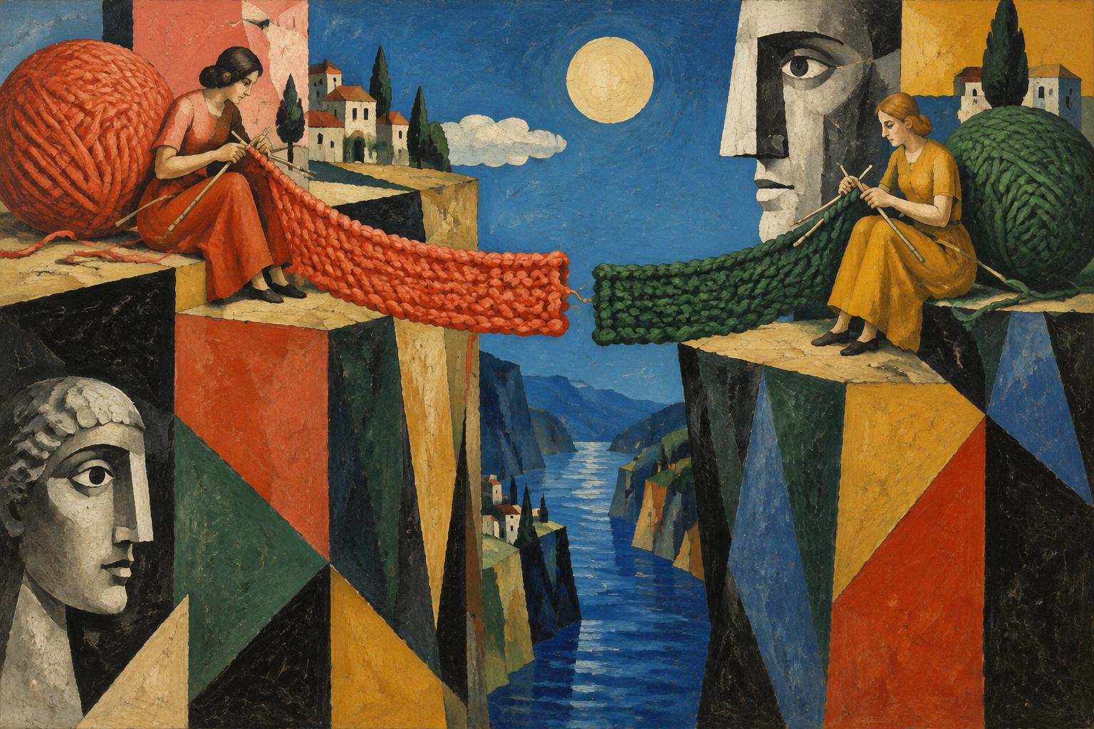 Two women on opposite cliffs knit red and green wool toward each other across a river gorge